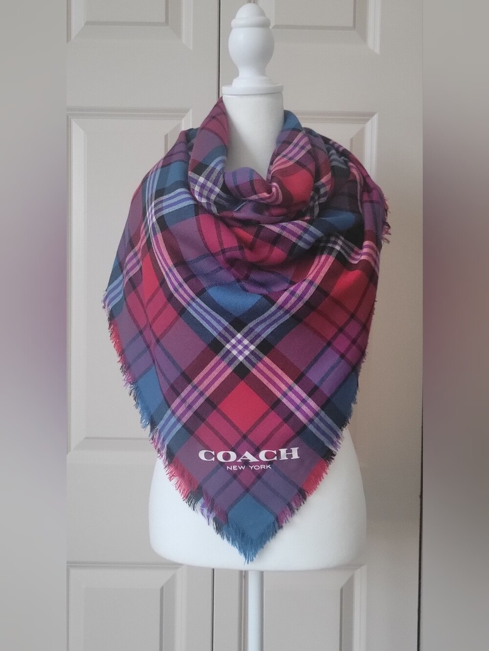 Coach Plaid Triangle Scarf in Pink, Blue & Purple